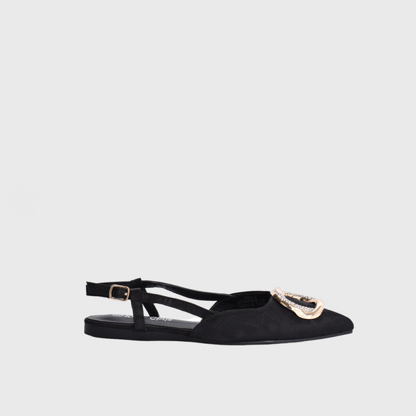 Perforated Golden Accessorized Buckle Flat Sandal Black
