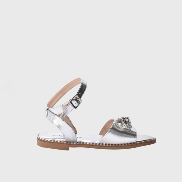 Decorative Crystals Square Toe Low-Flat Sandal Silver