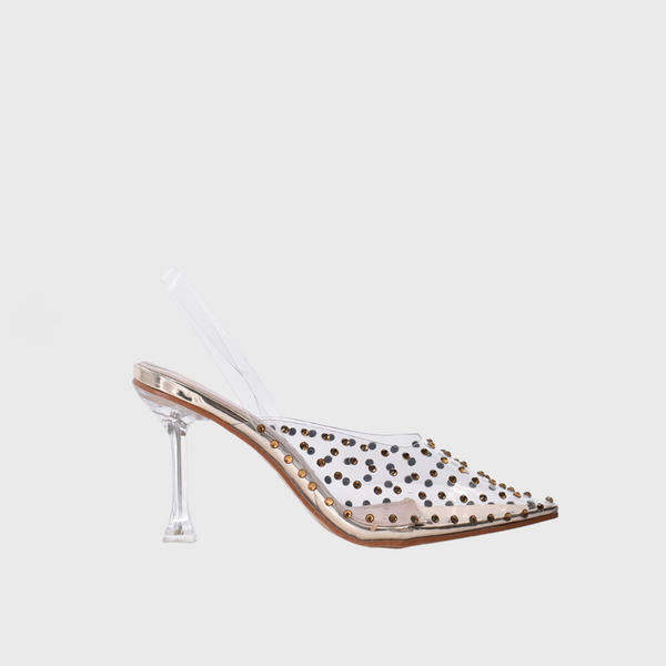 Transparent Heeled Sandal with Pearl Gold