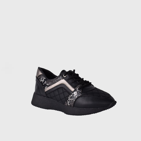 Black Lace Up Sneakers With Quilted Details