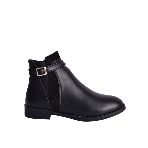 Simple Flat Leather Ankle Boot With Buckle