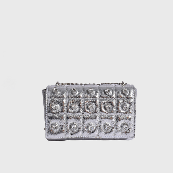 Quilted Silver Shoulder Bag With Studs