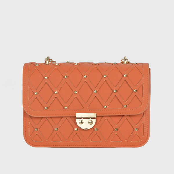 Orange Leather Shoulder Bag With Chain