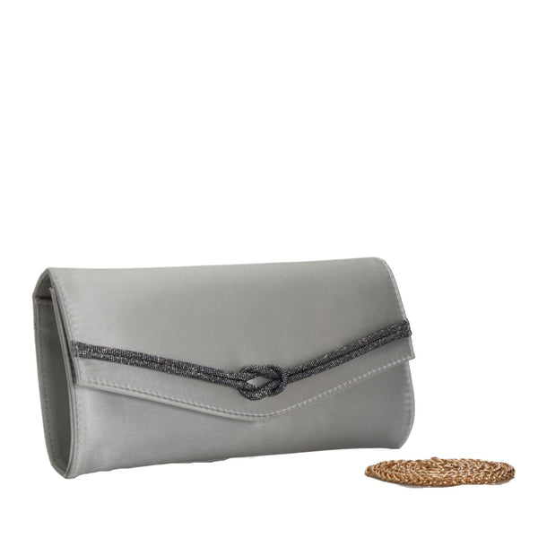 Silver Leather Clutch with Chain
