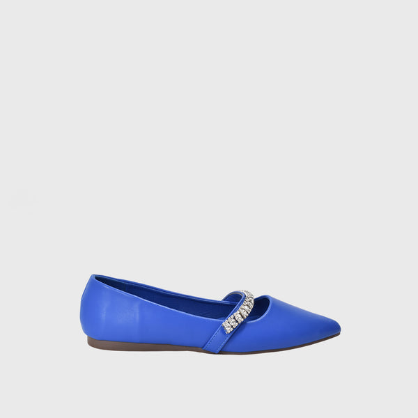Blue Leather Flat  Shoe With Shiny Buckle