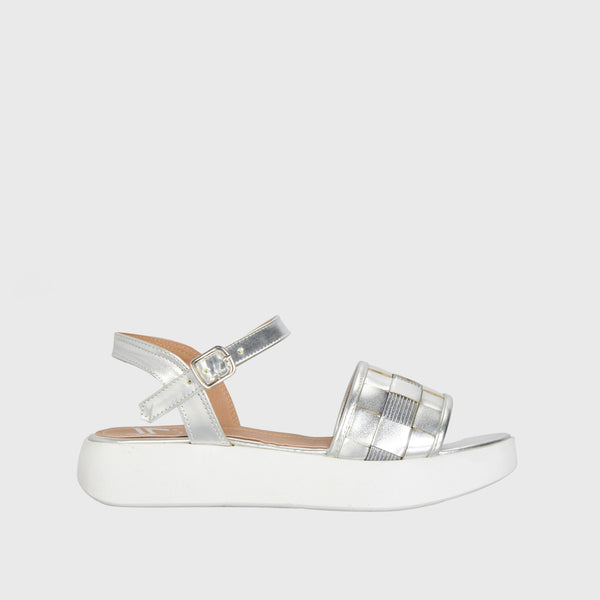 Embossed Leather Wedge Sandal Silver