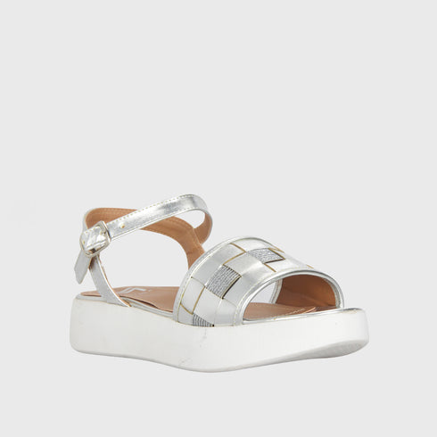 Embossed Leather Wedge Sandal Silver