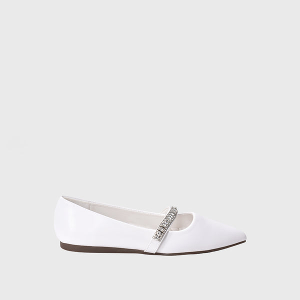 White Leather Flat  Shoe With Shiny Buckle